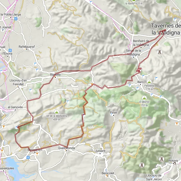 Map miniature of "Discover the Valldigna Hinterland" cycling inspiration in Comunitat Valenciana, Spain. Generated by Tarmacs.app cycling route planner