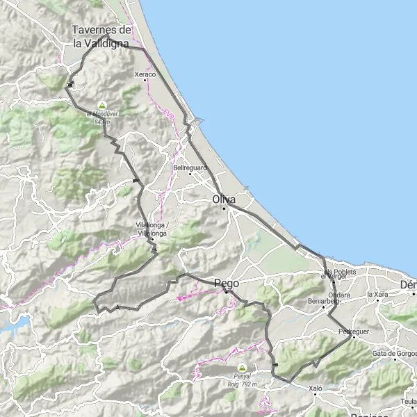 Miniatua del mapa de inspiración ciclista "Vuelta en bicicleta por Tavernes de la Valldigna y alrededores (Carretera)" en Comunitat Valenciana, Spain. Generado por Tarmacs.app planificador de rutas ciclistas