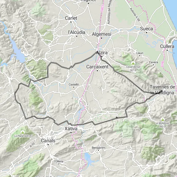 Miniatua del mapa de inspiración ciclista "Vuelta en bicicleta por Tavernes de la Valldigna y alrededores (Carretera)" en Comunitat Valenciana, Spain. Generado por Tarmacs.app planificador de rutas ciclistas