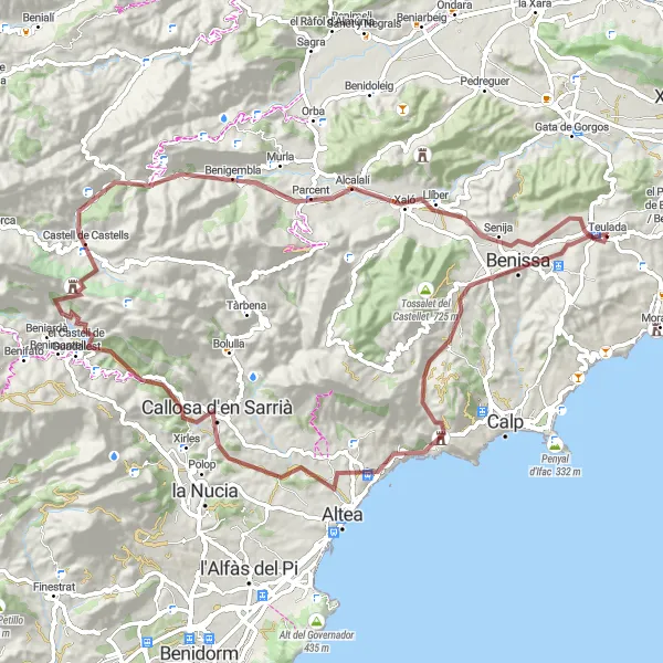 Miniature de la carte de l'inspiration cycliste "Circuit gravel jusqu'à Guadalest via Benissa et Castell de Castells" dans la Comunitat Valenciana, Spain. Générée par le planificateur d'itinéraire cycliste Tarmacs.app