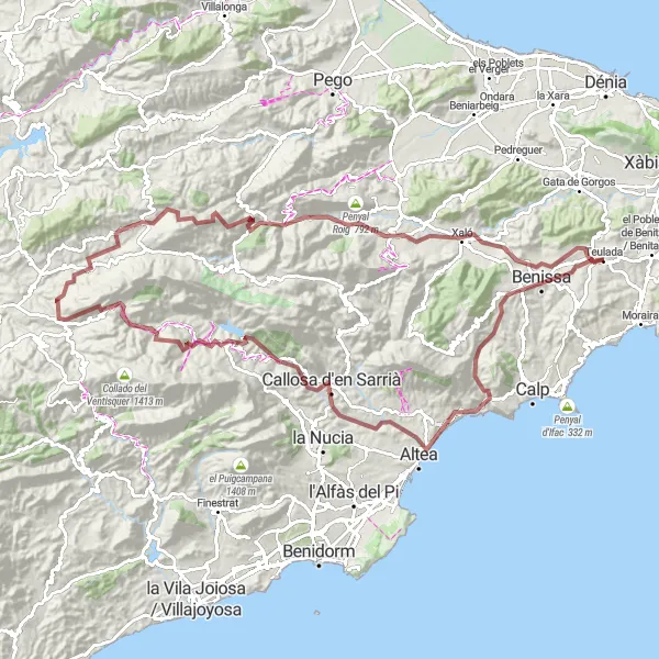 Miniature de la carte de l'inspiration cycliste "Aventure gravel à travers les montagnes jusqu'à Benimassot" dans la Comunitat Valenciana, Spain. Générée par le planificateur d'itinéraire cycliste Tarmacs.app