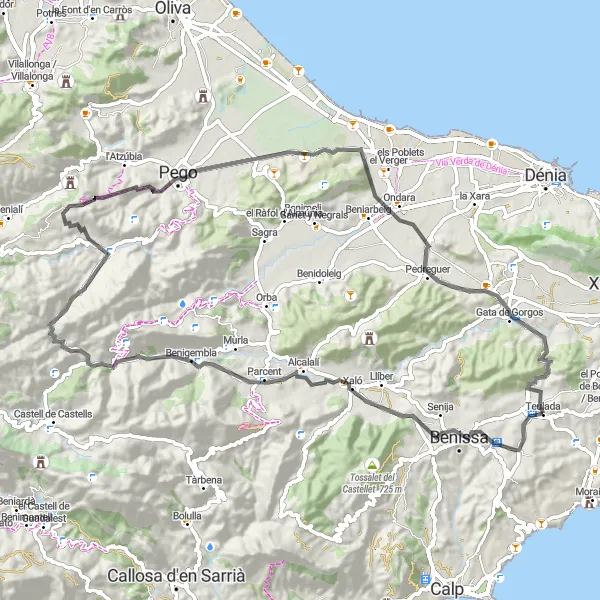 Miniatua del mapa de inspiración ciclista "Vuelta en Bicicleta desde Teulada por Xaló, la Vall d'Ebo y Pego" en Comunitat Valenciana, Spain. Generado por Tarmacs.app planificador de rutas ciclistas