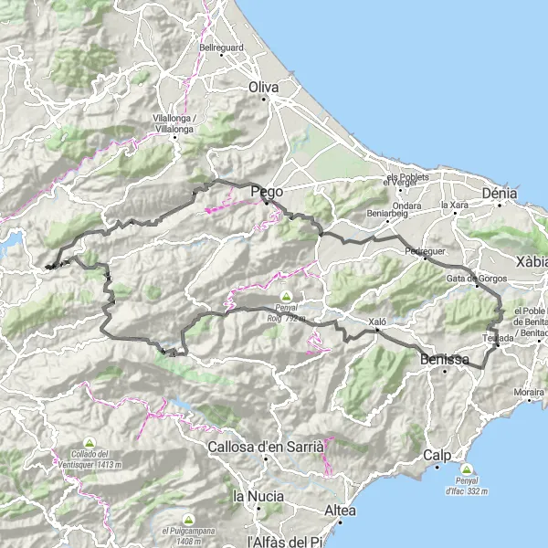 Miniatura della mappa di ispirazione al ciclismo "Giro panoramico attraverso la Vall del Pop" nella regione di Comunitat Valenciana, Spain. Generata da Tarmacs.app, pianificatore di rotte ciclistiche