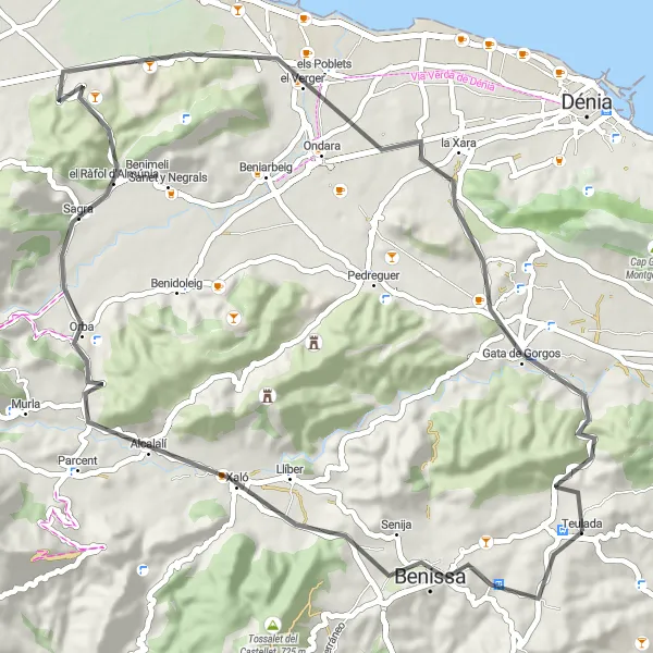 Miniaturní mapa "Cyklovýlet kolem Benissy a Torre d’Alcalalí" inspirace pro cyklisty v oblasti Comunitat Valenciana, Spain. Vytvořeno pomocí plánovače tras Tarmacs.app