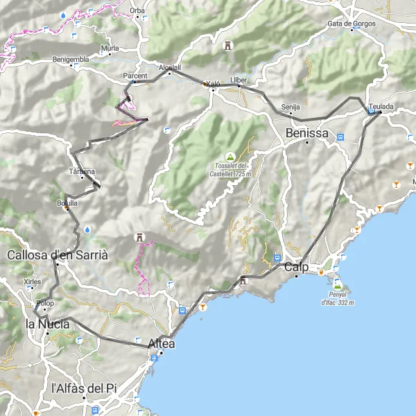 Miniatuurkaart van de fietsinspiratie "Wegroute van Teulada naar Calp, Castellet de Calp, Altea, Torre de Bellaguarda, Bolulla, Coll de Rates, Parcent en Teulada" in Comunitat Valenciana, Spain. Gemaakt door de Tarmacs.app fietsrouteplanner