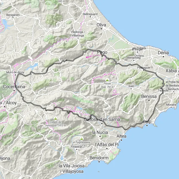 Karten-Miniaturansicht der Radinspiration "Abenteuerliche Tour von Teulada nach Planes" in Comunitat Valenciana, Spain. Erstellt vom Tarmacs.app-Routenplaner für Radtouren