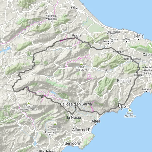 Miniature de la carte de l'inspiration cycliste "Défi montagneux au départ de Teulada" dans la Comunitat Valenciana, Spain. Générée par le planificateur d'itinéraire cycliste Tarmacs.app