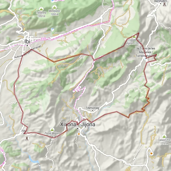 Miniatura della mappa di ispirazione al ciclismo "Tour in gravel da Tibi a Xixona" nella regione di Comunitat Valenciana, Spain. Generata da Tarmacs.app, pianificatore di rotte ciclistiche