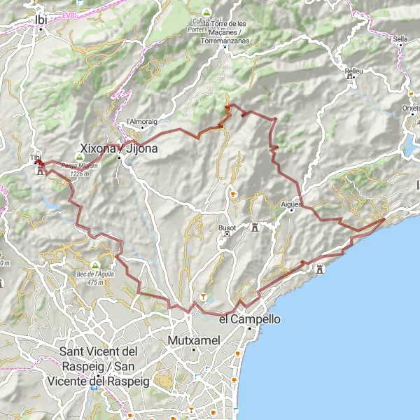 Miniatura della mappa di ispirazione al ciclismo "Avventura mozzafiato nel cuore di Valenciana" nella regione di Comunitat Valenciana, Spain. Generata da Tarmacs.app, pianificatore di rotte ciclistiche