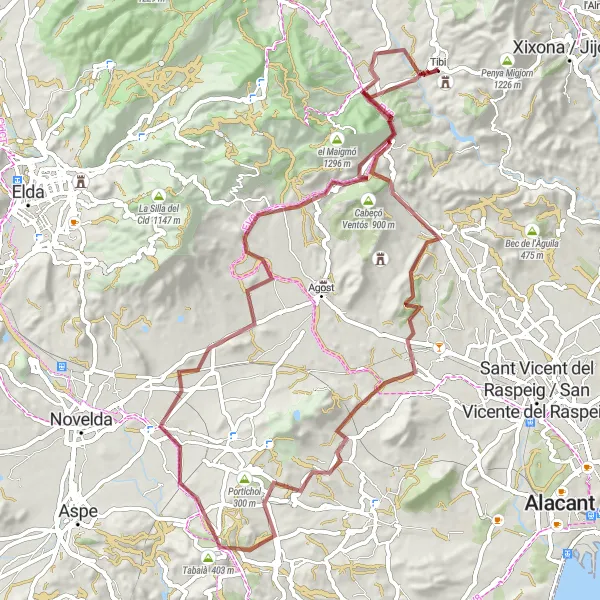 Miniature de la carte de l'inspiration cycliste "Tour de Montagnes de Tibi" dans la Comunitat Valenciana, Spain. Générée par le planificateur d'itinéraire cycliste Tarmacs.app