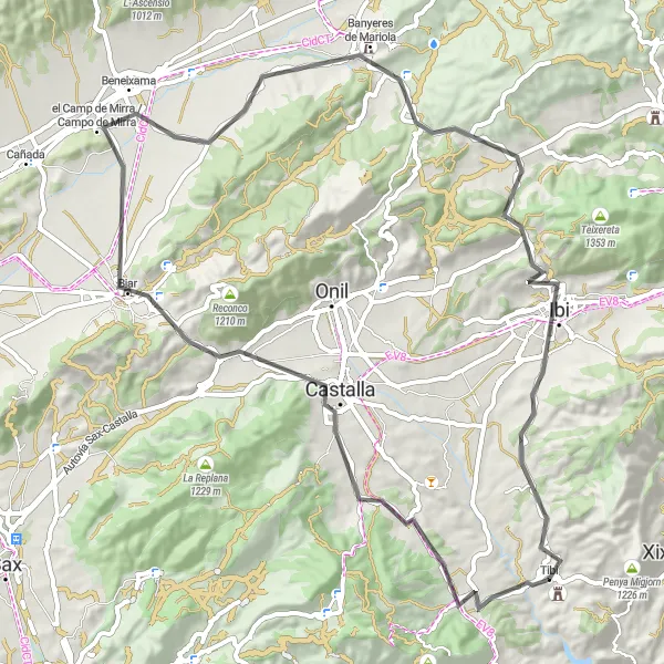 Miniature de la carte de l'inspiration cycliste "Parcours à travers les Montagnes de l'Intérieur" dans la Comunitat Valenciana, Spain. Générée par le planificateur d'itinéraire cycliste Tarmacs.app
