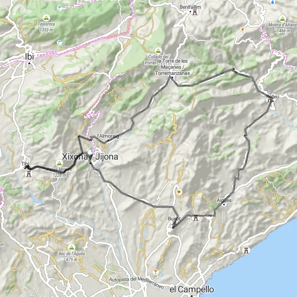 Miniatua del mapa de inspiración ciclista "Vuelta en bicicleta alrededor de Tibi (tipo carretera)" en Comunitat Valenciana, Spain. Generado por Tarmacs.app planificador de rutas ciclistas