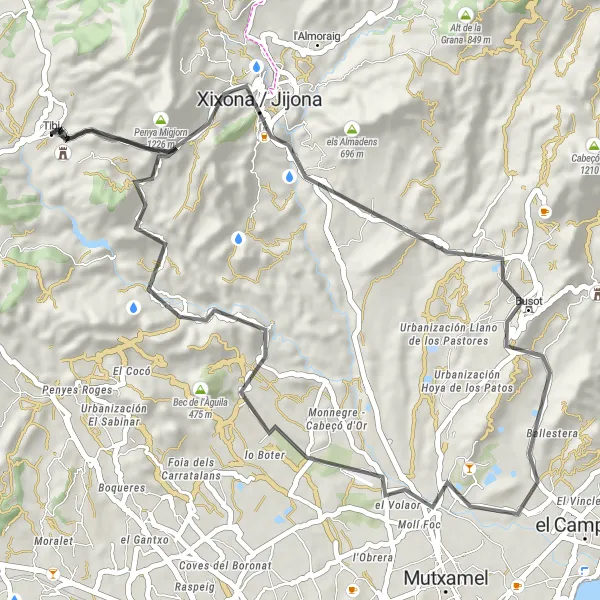 Miniatura della mappa di ispirazione al ciclismo "Tour in bicicletta tra paesaggi mozzafiato" nella regione di Comunitat Valenciana, Spain. Generata da Tarmacs.app, pianificatore di rotte ciclistiche