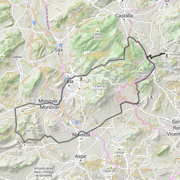 Miniatua del mapa de inspiración ciclista "Ruta de ciclismo de carretera cerca de Tibi" en Comunitat Valenciana, Spain. Generado por Tarmacs.app planificador de rutas ciclistas