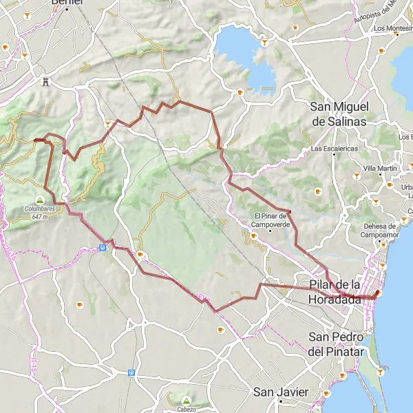 Miniatura della mappa di ispirazione al ciclismo "Tour tra Torre de la Horadada e Pilar de la Horadada" nella regione di Comunitat Valenciana, Spain. Generata da Tarmacs.app, pianificatore di rotte ciclistiche