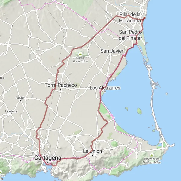 Miniatua del mapa de inspiración ciclista "Ruta en bicicleta por caminos de grava alrededor de Torre de la Horadada" en Comunitat Valenciana, Spain. Generado por Tarmacs.app planificador de rutas ciclistas