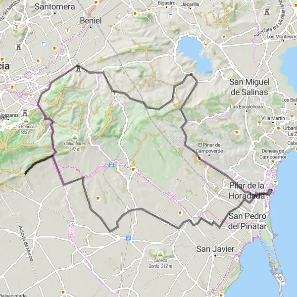 Miniatua del mapa de inspiración ciclista "Ruta en bicicleta de carretera desde Torre de la Horadada a Avileses" en Comunitat Valenciana, Spain. Generado por Tarmacs.app planificador de rutas ciclistas