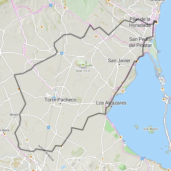 Miniatua del mapa de inspiración ciclista "Ruta en bicicleta por carretera alrededor de Torre de la Horadada" en Comunitat Valenciana, Spain. Generado por Tarmacs.app planificador de rutas ciclistas