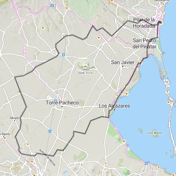 Map miniature of "Torre de la Horadada to Observatorio de Aves and back" cycling inspiration in Comunitat Valenciana, Spain. Generated by Tarmacs.app cycling route planner