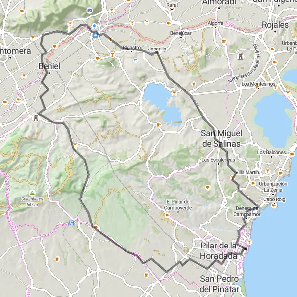 Map miniature of "The Horadada Loop" cycling inspiration in Comunitat Valenciana, Spain. Generated by Tarmacs.app cycling route planner