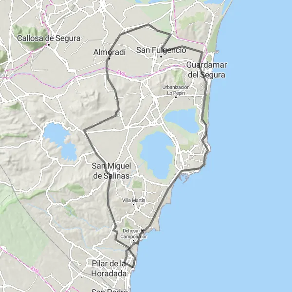 Miniaturní mapa "Okruh Torre de la Horadada - Guardamar del Segura" inspirace pro cyklisty v oblasti Comunitat Valenciana, Spain. Vytvořeno pomocí plánovače tras Tarmacs.app