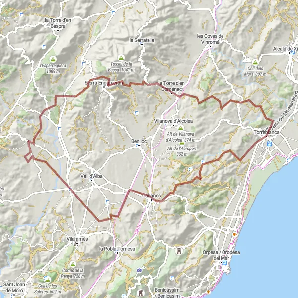 Miniatura della mappa di ispirazione al ciclismo "Avventura in bicicletta da Torreblanca a Mirador de Sant Onofre" nella regione di Comunitat Valenciana, Spain. Generata da Tarmacs.app, pianificatore di rotte ciclistiche