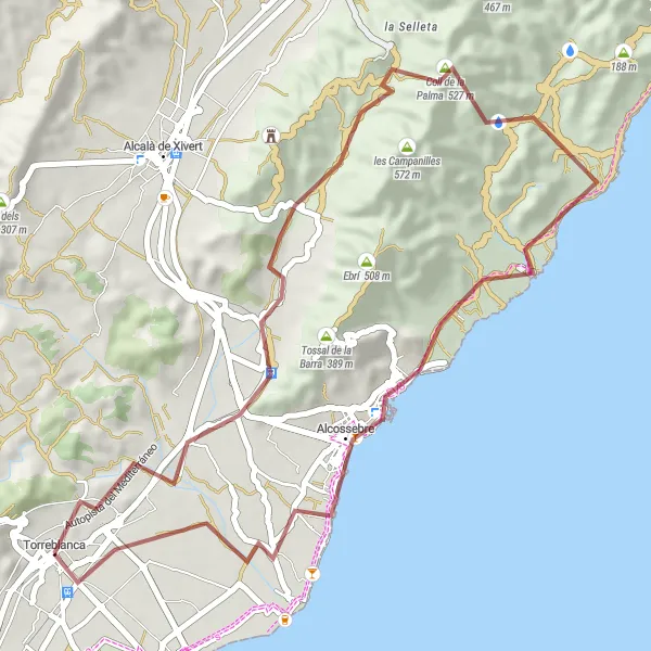 Miniaturní mapa "Gravelová výzva okolo Torreblancy" inspirace pro cyklisty v oblasti Comunitat Valenciana, Spain. Vytvořeno pomocí plánovače tras Tarmacs.app