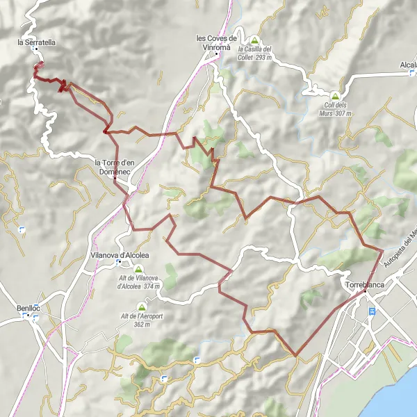 Miniatuurkaart van de fietsinspiratie "Gravelroute met prachtige bezienswaardigheden" in Comunitat Valenciana, Spain. Gemaakt door de Tarmacs.app fietsrouteplanner