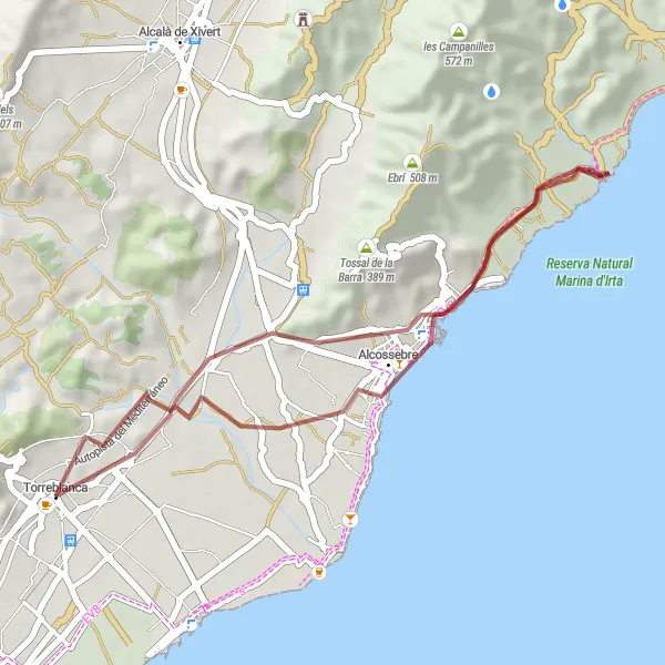 Miniaturní mapa "Gravel Trasa Alcossebre Ruiny" inspirace pro cyklisty v oblasti Comunitat Valenciana, Spain. Vytvořeno pomocí plánovače tras Tarmacs.app