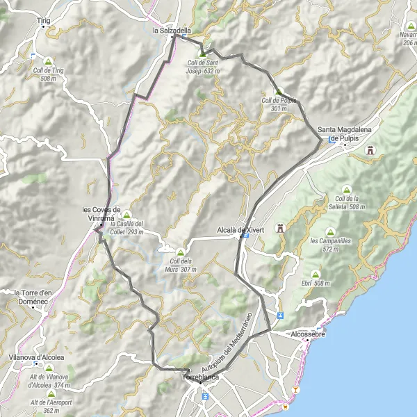 Miniature de la carte de l'inspiration cycliste "Parcours routier vers Alcalà de Xivert" dans la Comunitat Valenciana, Spain. Générée par le planificateur d'itinéraire cycliste Tarmacs.app