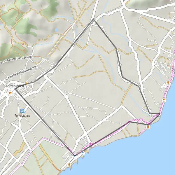 Karten-Miniaturansicht der Radinspiration "Kurze Rennradtour durch die Umgebung von Torreblanca" in Comunitat Valenciana, Spain. Erstellt vom Tarmacs.app-Routenplaner für Radtouren