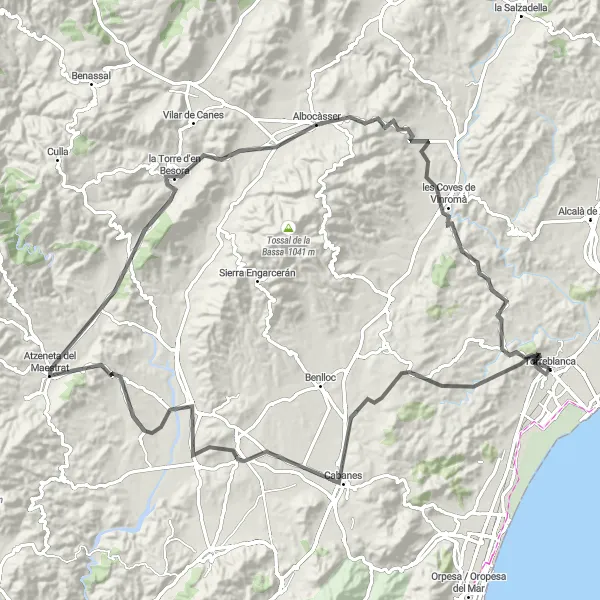 Miniature de la carte de l'inspiration cycliste "Parcours des Collines Maures" dans la Comunitat Valenciana, Spain. Générée par le planificateur d'itinéraire cycliste Tarmacs.app