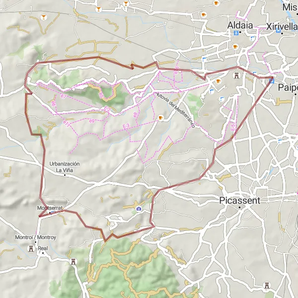 Miniatua del mapa de inspiración ciclista "Ruta de ciclismo de gravel desde Torrent" en Comunitat Valenciana, Spain. Generado por Tarmacs.app planificador de rutas ciclistas