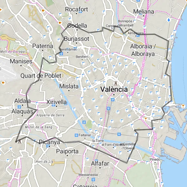 Miniatura della mappa di ispirazione al ciclismo "Itinerario panoramico da Alaquàs a Picanya" nella regione di Comunitat Valenciana, Spain. Generata da Tarmacs.app, pianificatore di rotte ciclistiche