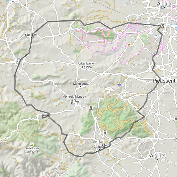 Miniatua del mapa de inspiración ciclista "Ruta Picassent-Catadau-Turís-Torrent" en Comunitat Valenciana, Spain. Generado por Tarmacs.app planificador de rutas ciclistas