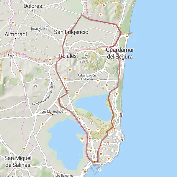 Miniaturní mapa "Gravelová trasa Torrevieja - Benijófar - Mirador de la Noria - Guardamar del Segura - Mirador El Moncayo - Europa" inspirace pro cyklisty v oblasti Comunitat Valenciana, Spain. Vytvořeno pomocí plánovače tras Tarmacs.app