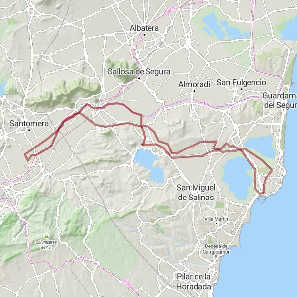 Karten-Miniaturansicht der Radinspiration "Entdeckungsreiche Kieseltour in der Umgebung von Torrevieja" in Comunitat Valenciana, Spain. Erstellt vom Tarmacs.app-Routenplaner für Radtouren