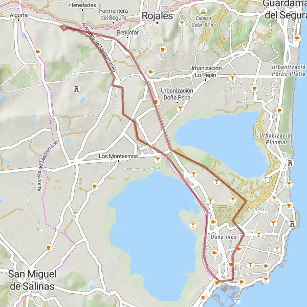 Miniatura della mappa di ispirazione al ciclismo "Avventura in Gravel da Torrevieja a Europa" nella regione di Comunitat Valenciana, Spain. Generata da Tarmacs.app, pianificatore di rotte ciclistiche