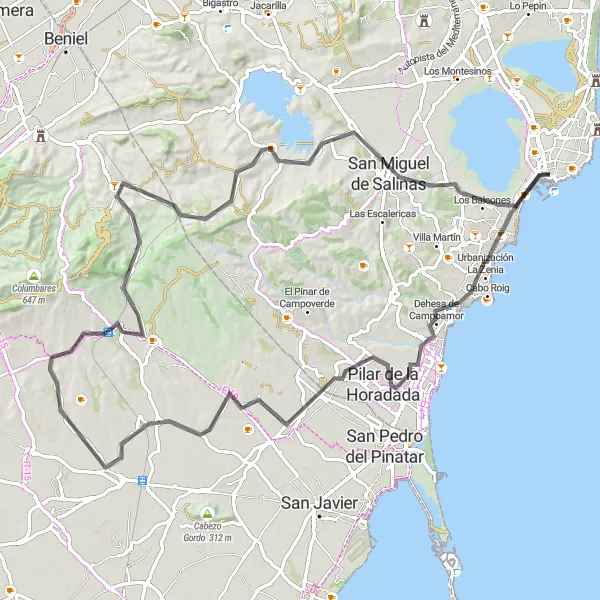 Miniature de la carte de l'inspiration cycliste "L'itinéraire de Mil Palmeras Rest Area à Torrevieja" dans la Comunitat Valenciana, Spain. Générée par le planificateur d'itinéraire cycliste Tarmacs.app