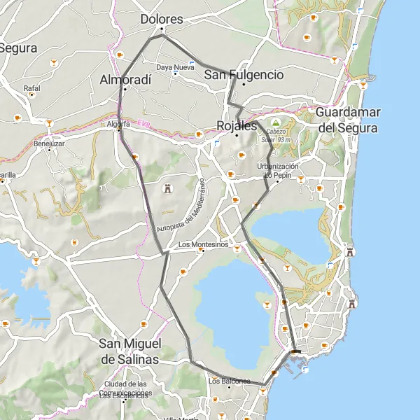 Miniatura della mappa di ispirazione al ciclismo "Giro in Bicicletta su Strada da Torrevieja a Dolores" nella regione di Comunitat Valenciana, Spain. Generata da Tarmacs.app, pianificatore di rotte ciclistiche