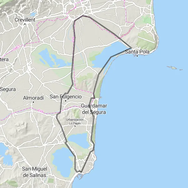 Miniatura della mappa di ispirazione al ciclismo "Tour sulla Strada da Torrevieja a Santa Pola" nella regione di Comunitat Valenciana, Spain. Generata da Tarmacs.app, pianificatore di rotte ciclistiche