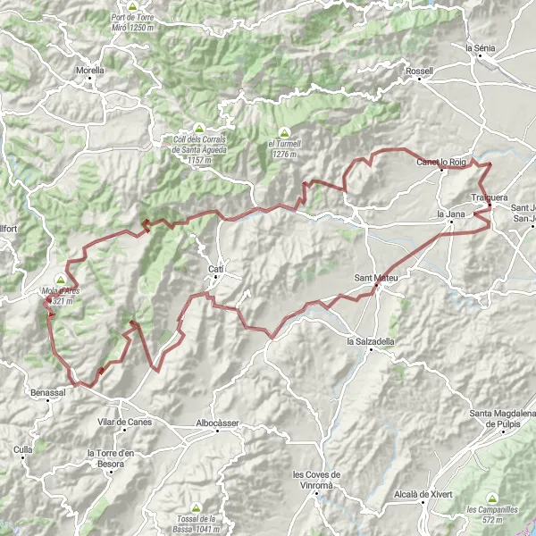Miniatura mapy "Przejażdżka gravelowa przez Sant Mateu, Tírig, Coll d'Ares, Coll de la Creu, Traiguera" - trasy rowerowej w Comunitat Valenciana, Spain. Wygenerowane przez planer tras rowerowych Tarmacs.app