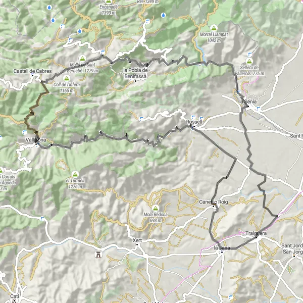 Miniatura mapy "Wielogodzinne wyzwanie szosowe - Canet lo Roig, Rossell, Vallibona, Mirador del Riu Cervol, Molló de Sant Bernabé, el Boixar, Penya de l'Àguila, la Sénia, Traiguera" - trasy rowerowej w Comunitat Valenciana, Spain. Wygenerowane przez planer tras rowerowych Tarmacs.app