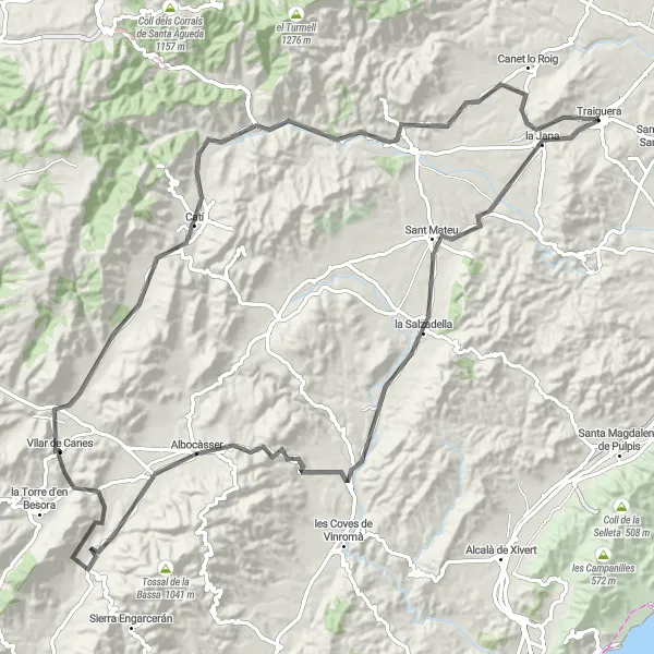 Miniatua del mapa de inspiración ciclista "Ruta de Ciclismo de Carretera desde Traiguera" en Comunitat Valenciana, Spain. Generado por Tarmacs.app planificador de rutas ciclistas