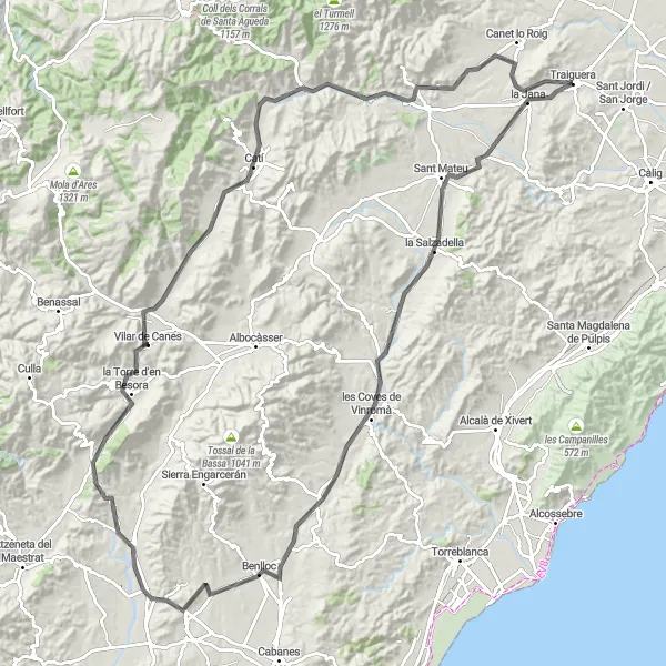 Map miniature of "Traiguera Loop" cycling inspiration in Comunitat Valenciana, Spain. Generated by Tarmacs.app cycling route planner