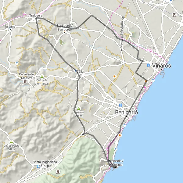 Miniatura della mappa di ispirazione al ciclismo "Giro in bicicletta da Traiguera a Sant Jordi / San Jorge e ritorno" nella regione di Comunitat Valenciana, Spain. Generata da Tarmacs.app, pianificatore di rotte ciclistiche