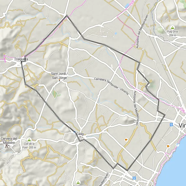 Miniatua del mapa de inspiración ciclista "Ruta de Ciclismo de Carretera desde Traiguera" en Comunitat Valenciana, Spain. Generado por Tarmacs.app planificador de rutas ciclistas