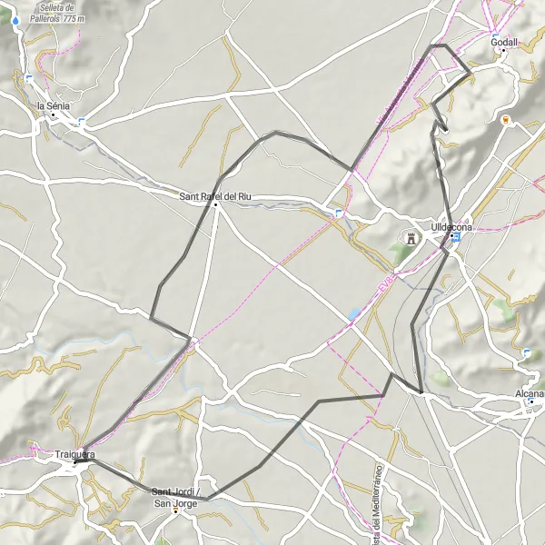 Miniatua del mapa de inspiración ciclista "Ruta de Ciclismo de Carretera desde Traiguera" en Comunitat Valenciana, Spain. Generado por Tarmacs.app planificador de rutas ciclistas