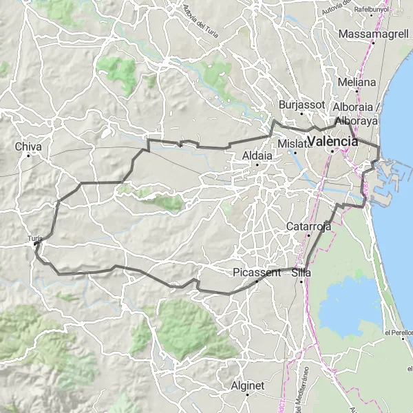 Karten-Miniaturansicht der Radinspiration "Rundfahrt durch Godelleta und Quart de Poblet" in Comunitat Valenciana, Spain. Erstellt vom Tarmacs.app-Routenplaner für Radtouren