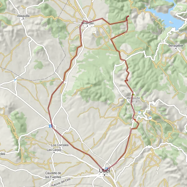 Miniature de la carte de l'inspiration cycliste "Le sentier des vignobles de Sinarcas" dans la Comunitat Valenciana, Spain. Générée par le planificateur d'itinéraire cycliste Tarmacs.app